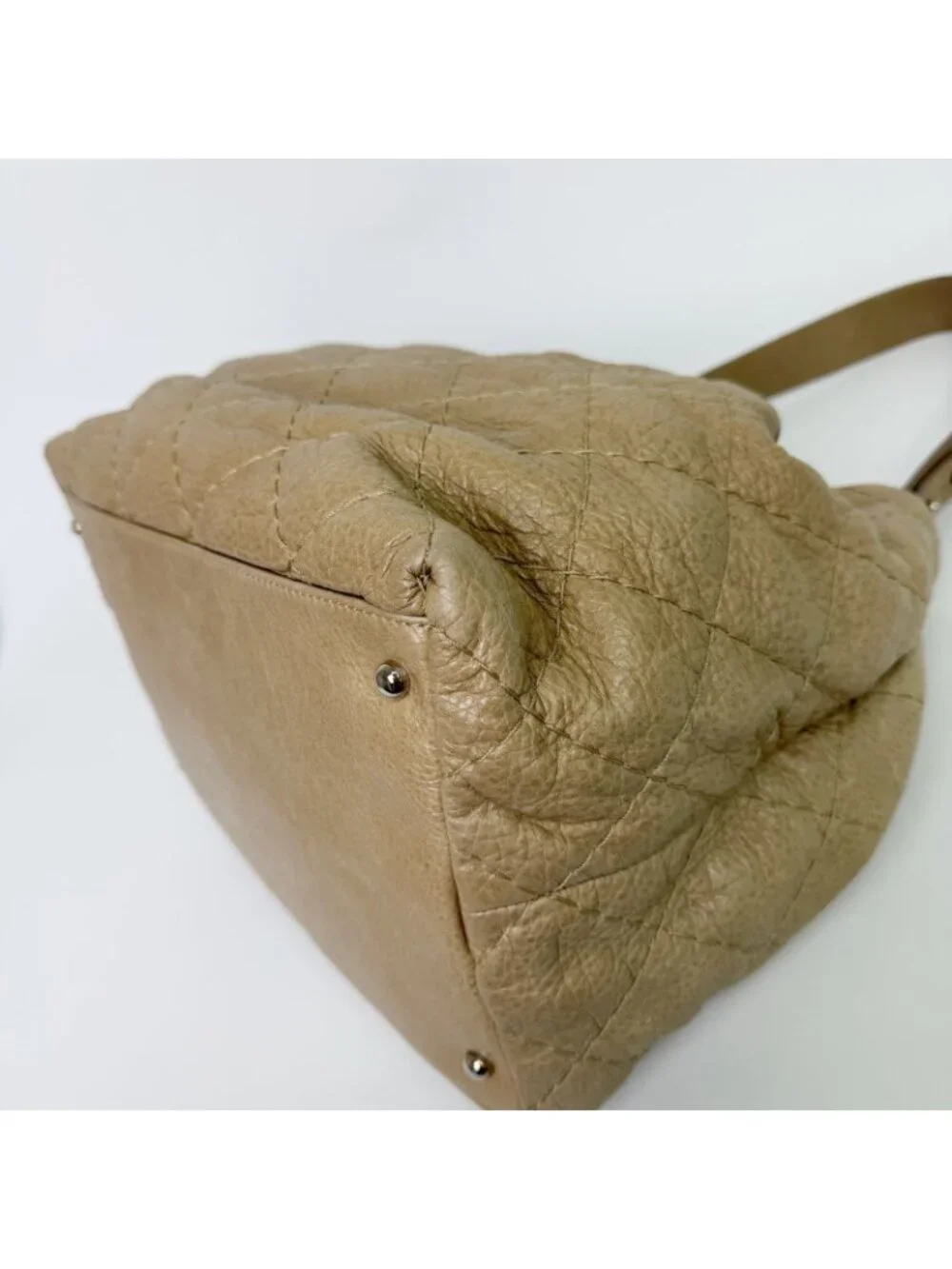Chanel on the Road Quilted Bucket Shoulder Bag Leather Beige Silver Seal Vintage